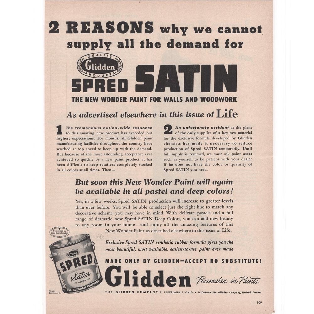 Glidden Spred Satin Paint Magazine Advertisement Vintage 1950 Home Improvement